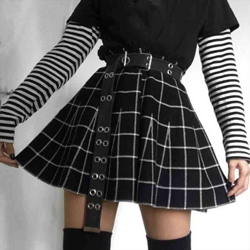 

summer harajuku punk style women skirts plaid mini pleated high waist a-line gothic ladies casual fashion short, Black