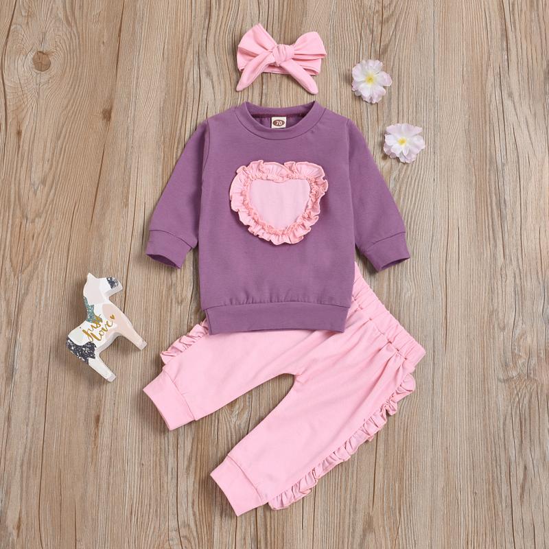 

Clothing Sets 4# Born Set Infant Baby Girls Fashion Winter Lace Ruffle Heart Pullover O-neck Tops +solid Color Pants+headband Children, White