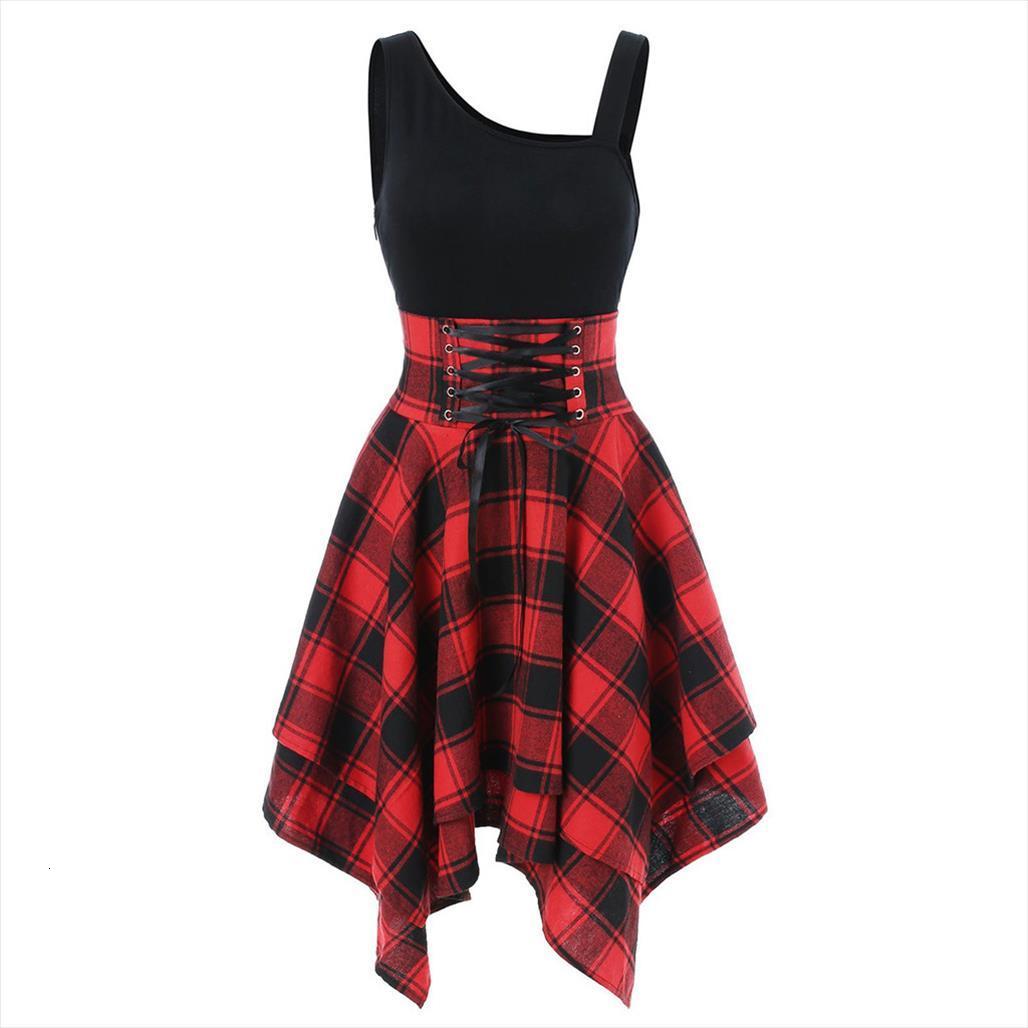 

sleeveless cold shoulder cross lace women dress up plaid print irregular casual long girl female fashion, Black;gray