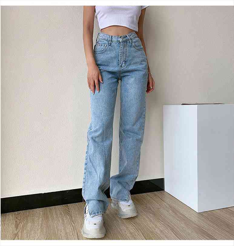 

mom straight leg high waist women jean pants slim loose autumn winter casual split washed fashion trousers, Blue