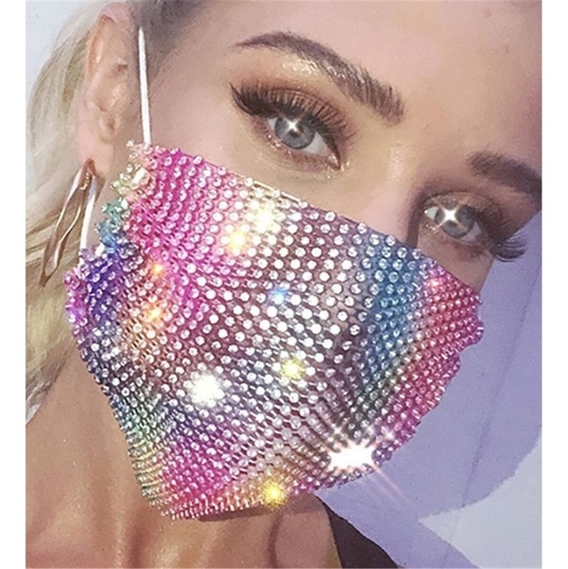 

2021 with Rhinestones Diamond Crytal Decoration Jewelry Facemask Fashion Sexy Glitter Mesh Net Party Mouth Mask for Women