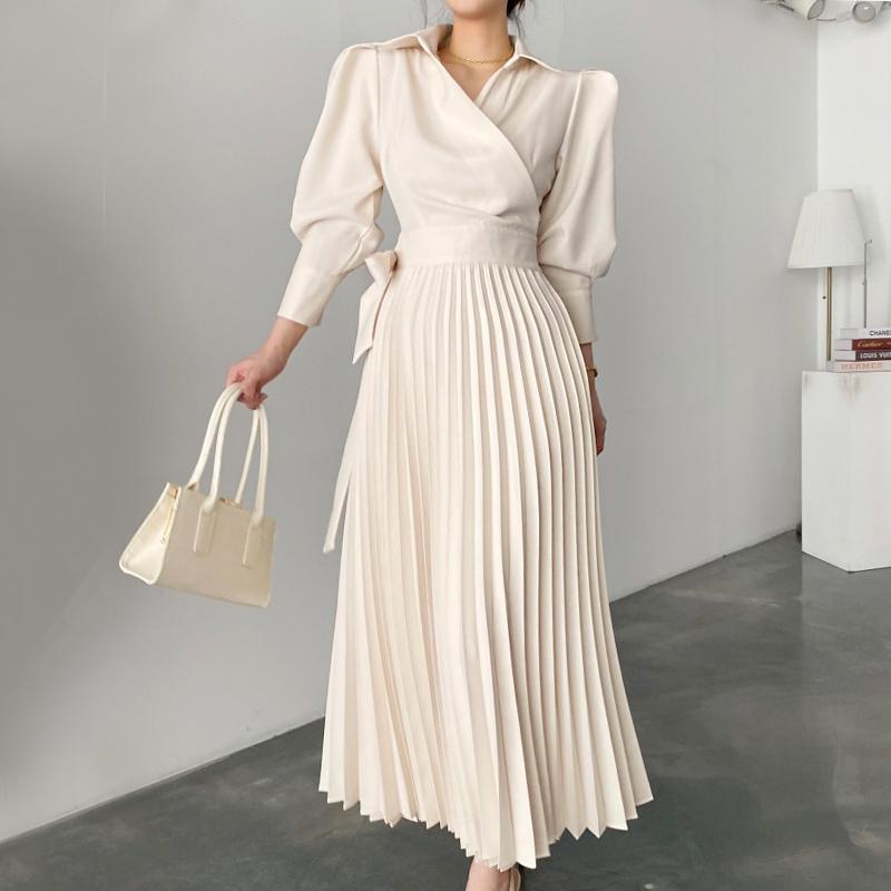 

Casual Dresses Long Sleeve High Waist Spring Luxury Autumn 2022 Woman Pleated Dress Female A-Line Party Elegant Vintage Maxi For Women, Camel