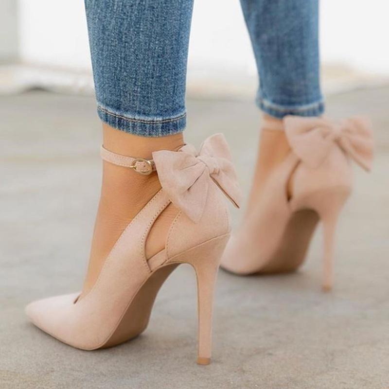 

Women's Shoes Pointed Toe Bowknot 11cm Thin Heels Sexy Ankle Strap High Female Wedding Stilettos Dress, Nude