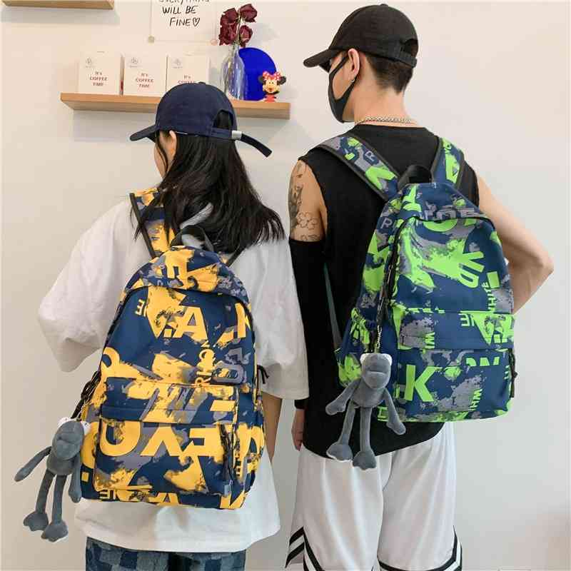 

New middle school schoolbag female graffiti Korean backpack men's fashion travel bag, Yellow