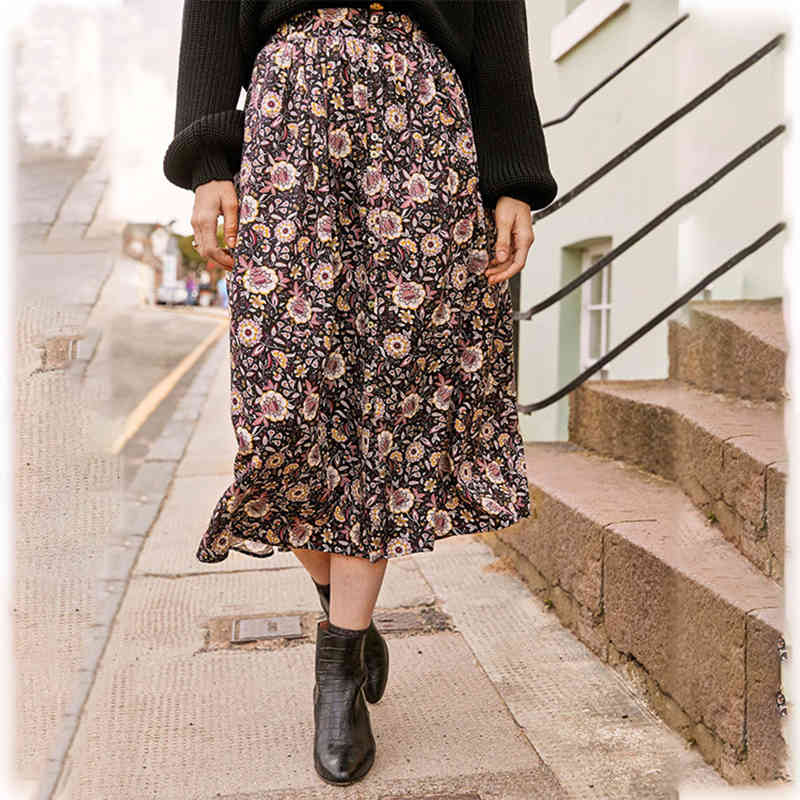 skirts Floral Print Long Women Tencel Spring Autumn Pocket A Line Chic Elegant Skirts Vintage Retro Skirt jupe longue femme-image-673771900