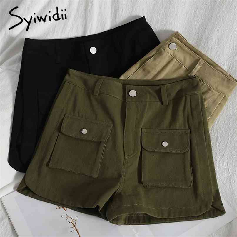 

Fashion Pockets High Waist Women's Shorts Button Up Zipper Casual Solid Black Green Pants Spring Summer Korean 210607