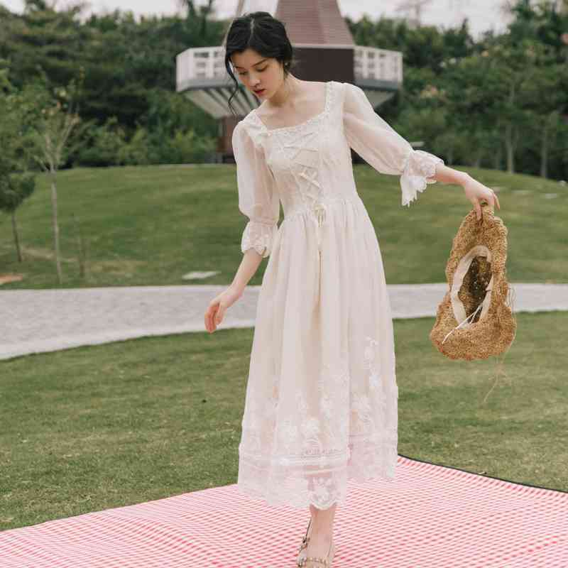 

YOSIMI Summer Long Women Dress Evening Party Cotton Floral Embroidery Elegant Half Sleeve Square Collar Ankle-length 210604, Beige