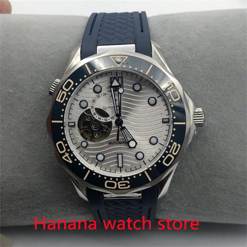 

Wristwatches 41mm Sapphire Glass Transparent Case Back Ceramic Bezel NH39 Automatic Movement Men's 24Jewel Rubber Strap Watch, Blue
