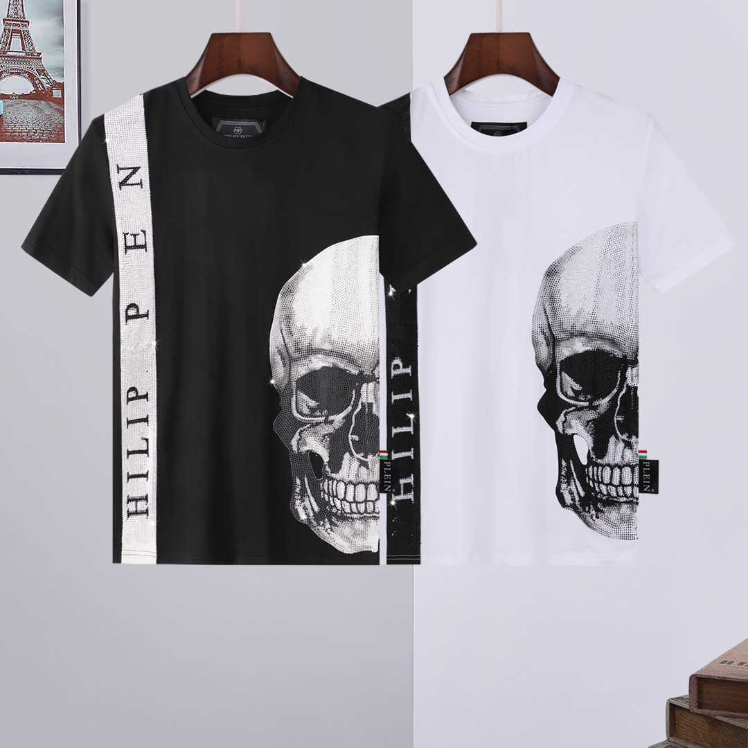 

2021Philippe brand spring and summer short sleeve men's round neck T-shirt domineering personality PP hot drill skull casual men's, White;black