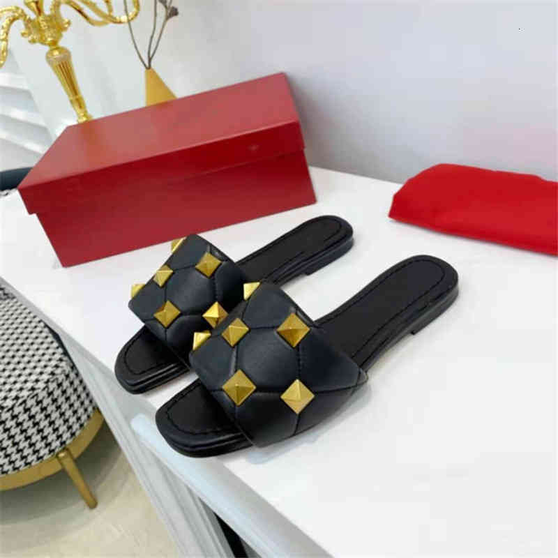 

slippers fashion luxury rivet for women summer open toe flat shoes ladies sandals casual beach slides 2bzt, Black