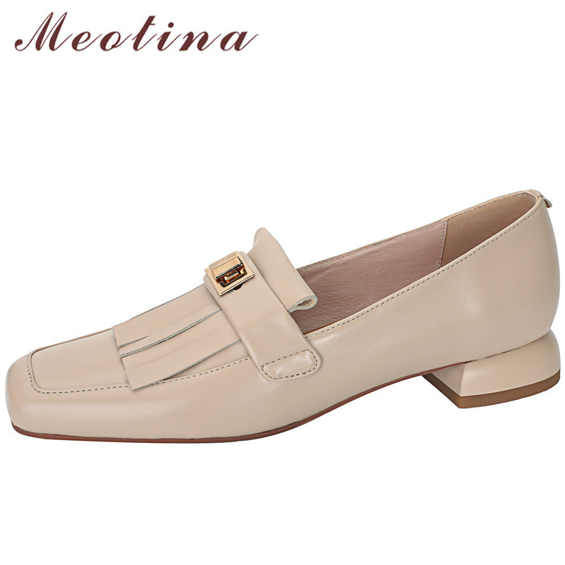 

Square Toe Low Heels Genuine Leather Women Shoes Metal Decoration Block Heel Pumps Female Footwear Spring White Size 40 210517