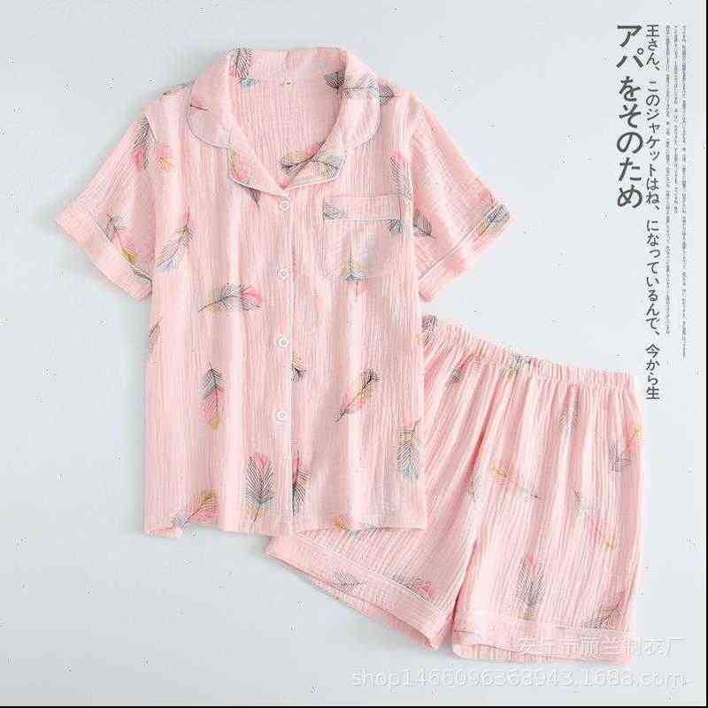 Summer Short sleeved Shorts Pajamas Women Sleepwear 100% Cotton Crepe Cartoon Feather Print Pyjamas Turn down Collar Home Suit-image-696680131