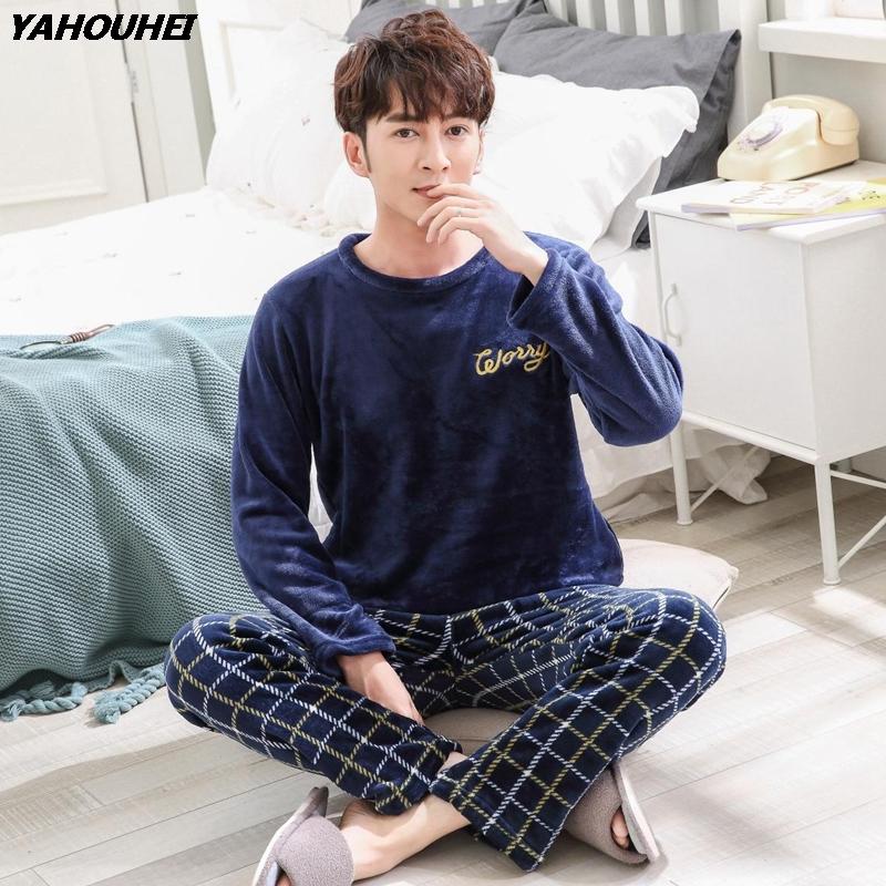 

Men's Sleepwear 2021 Winter Thick Warm Flannel Pajama Sets For Men Long Sleeve Coral Velvet Pyjama Male Loungewear Plaid Pant Homewear, Blue