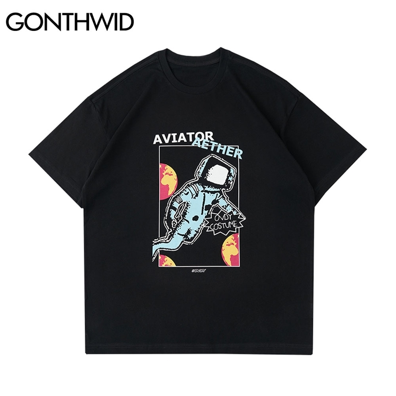 

Tees Shirts Harajuku Cartoon Astronaut Print Short Sleeve Tshirts Streetwear Hip Hop Fashion Summer Cotton Loose Tops 210602, Black