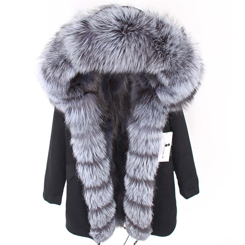 

Classic Lavish silver fox fur trim closing ladies snow parkas Mukla furs dark grey raccoon fur lining black canvas long jackets