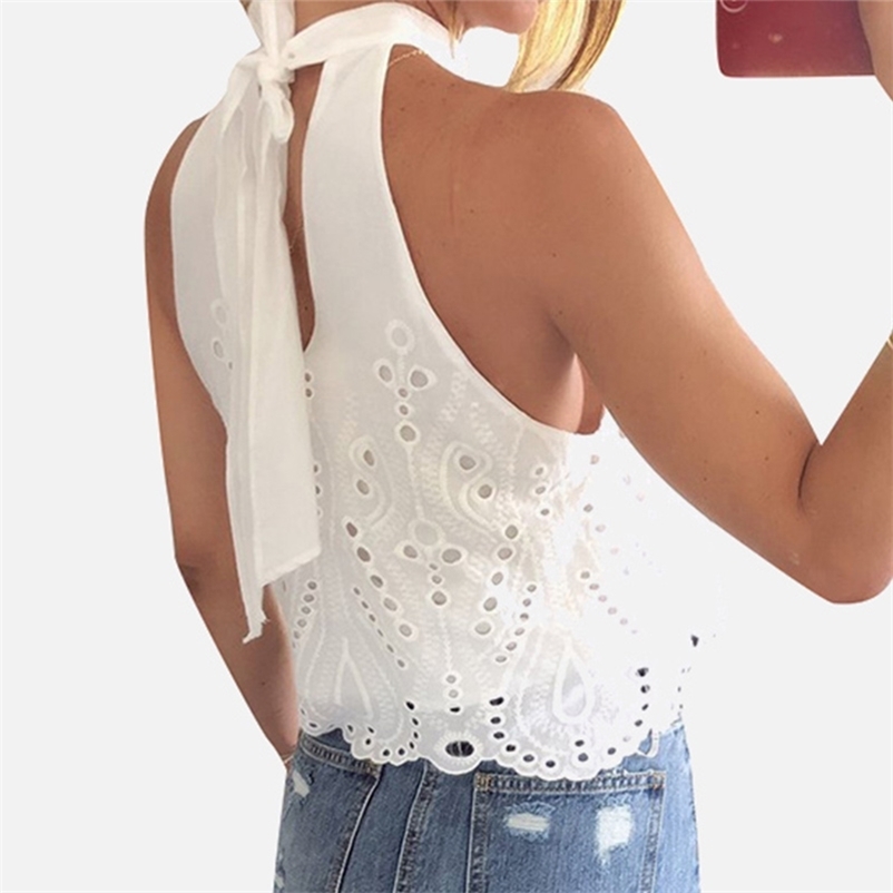 

White Cropped Chiffon Halter Women' Blouse Top Hollow Out Embroidery Sleeveless Lace Up Sexy Blouses and Tops Women Summer 210524