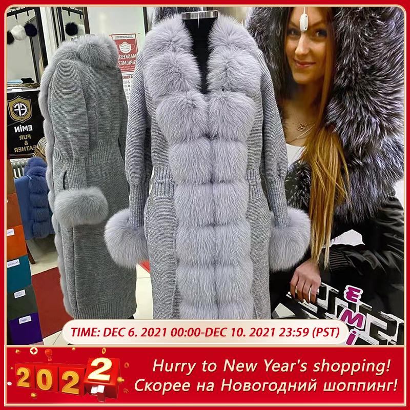 

Women's Fur & Faux Natural Cardigan Long Women Winter Sweater Fashion Plus Size Real Knitted 2021, Black