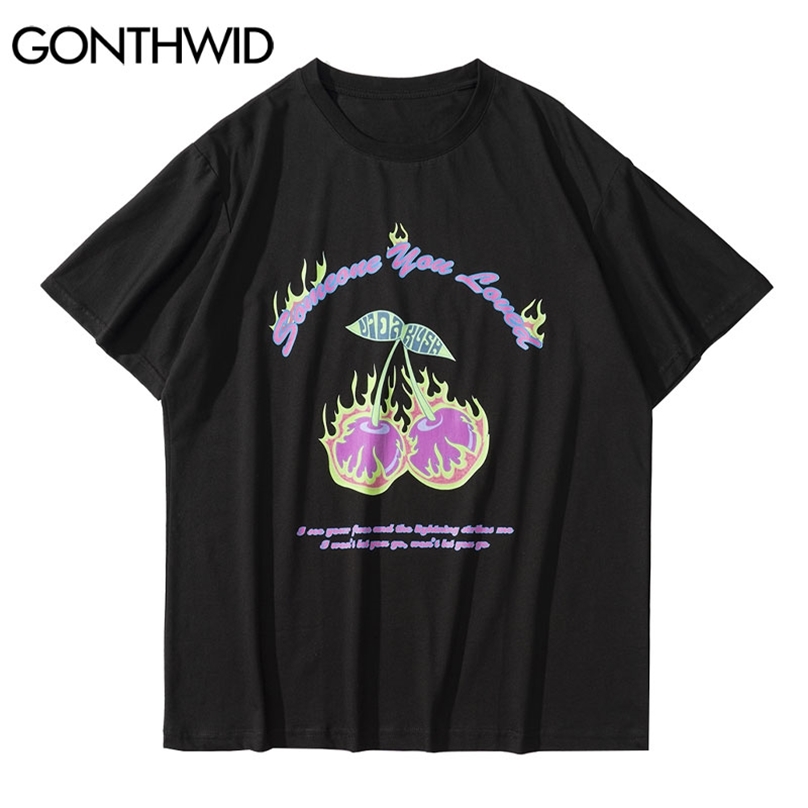 

Tshirts Streetwear Hip Hop Fire Flame Cherry Print Tees Shirts Harajuku Fashion Summer Casual Cotton Short Sleeve Tops 210602, Green