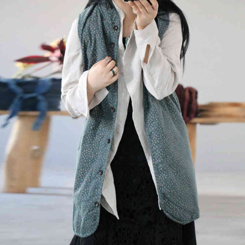 

Johnature Original Design Women Vest Print Loose Plus Size Single Breasted Cardigan Sleeveless Patchwork Waistcoat Vest 210521, Blue