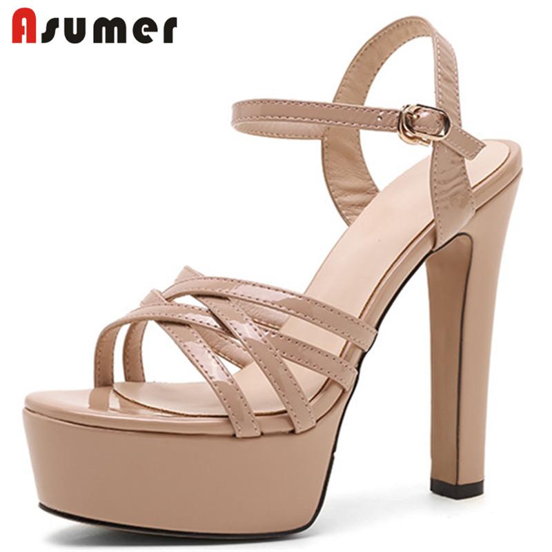 

Dress Shoes Asumer 2021 Big Size 40 Thin High Heels Platform Sandals Women Patent Leather Buckle Sexy Party Wedding Lady, Black