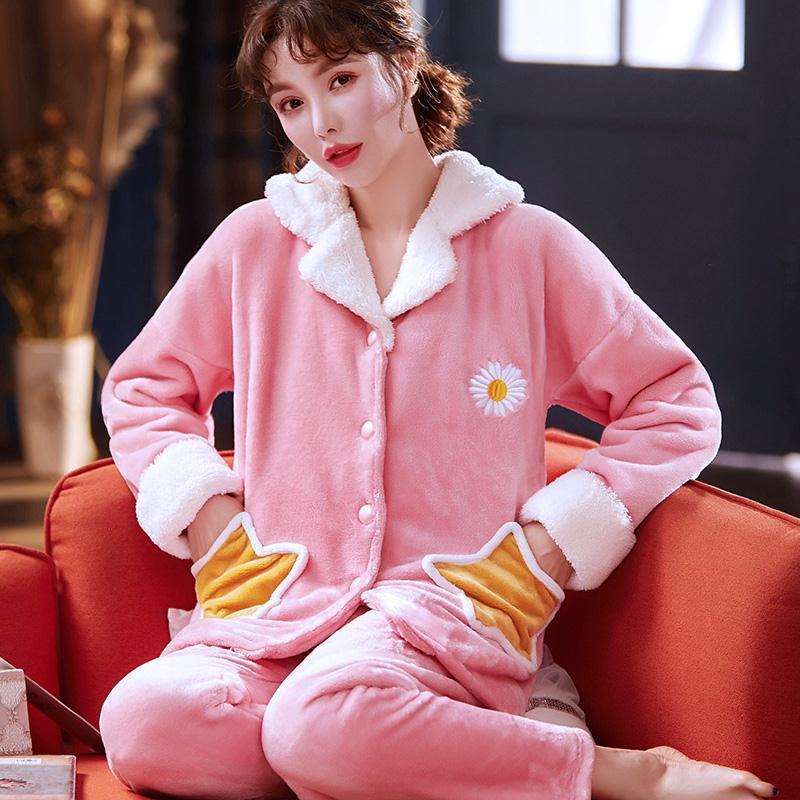 Women&#039;s Sleepwear Sweet Winter Homewear Flannel Big Pajamas Sex Set Women Cartoon Pajama Button Full Sleeve Shirt Pant RLI8-image-695433016