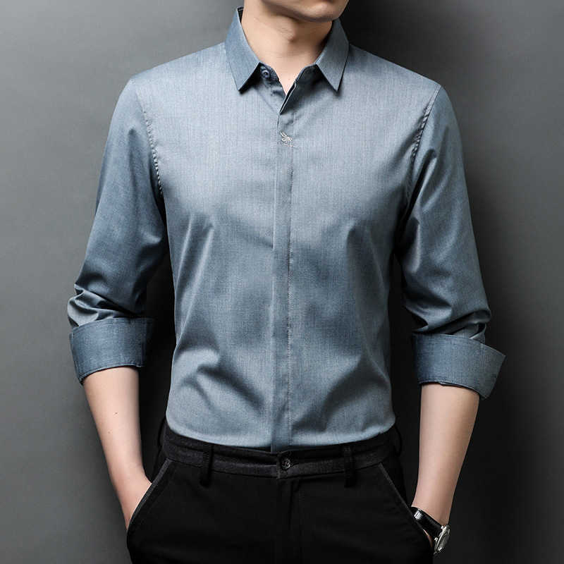 

2021 new autumn men's long sleeve Lapel solid color business simple daily single breasted shirt men's top, White;black