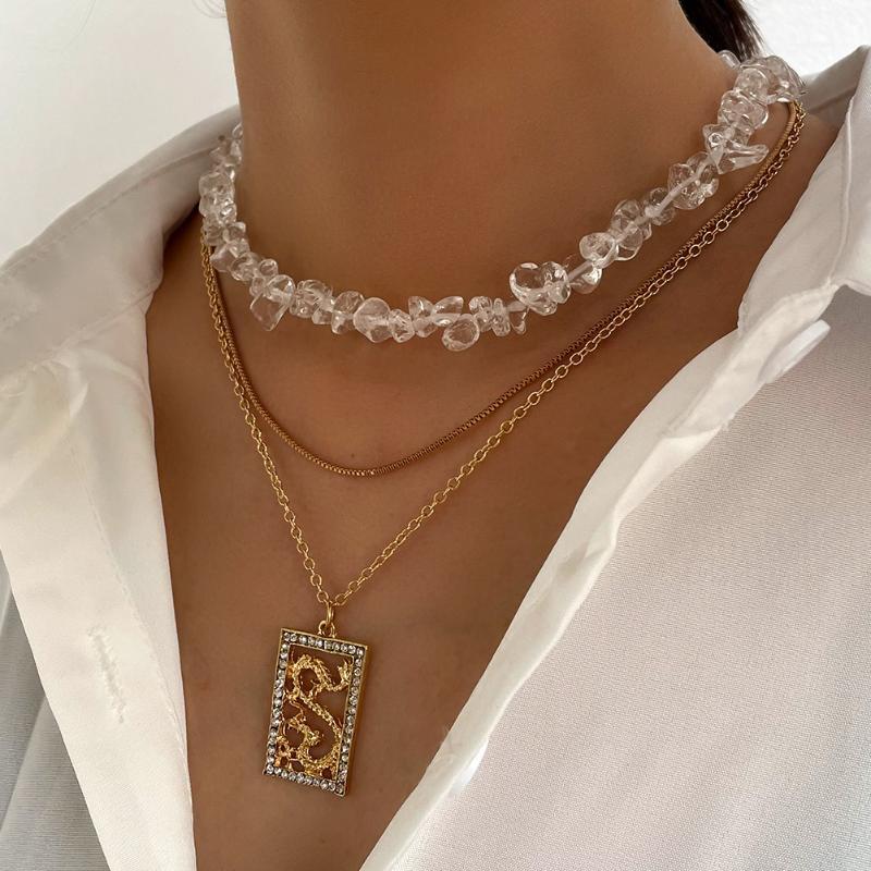 

Chains Boho Handmade Multilayer Transparent Irregular Crystal Stone Necklaces For Women Golden Square Dragon Pendant Necklace Jewelry