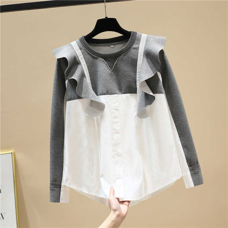 

Spring Loose Pullovers Ruffles Patchwork Space Cotton O Neck Full Casual Sweatshirt Women 210615, Gray