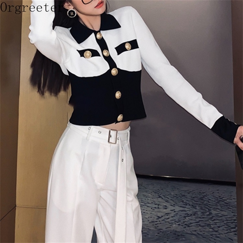 

Temperament Black and White Stitching Contrast color Buckle Decoration Slim Sweater Cardigans Retro Knitted Women's Top 210602