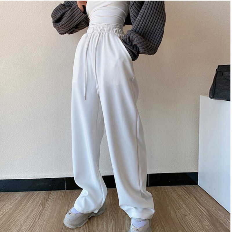

WOMENGAGA Girl High Waist Straight Drawstring Casual Sports Pants Autumn Winter Loose Skinny Mopping Trousers JEV2 210603, White
