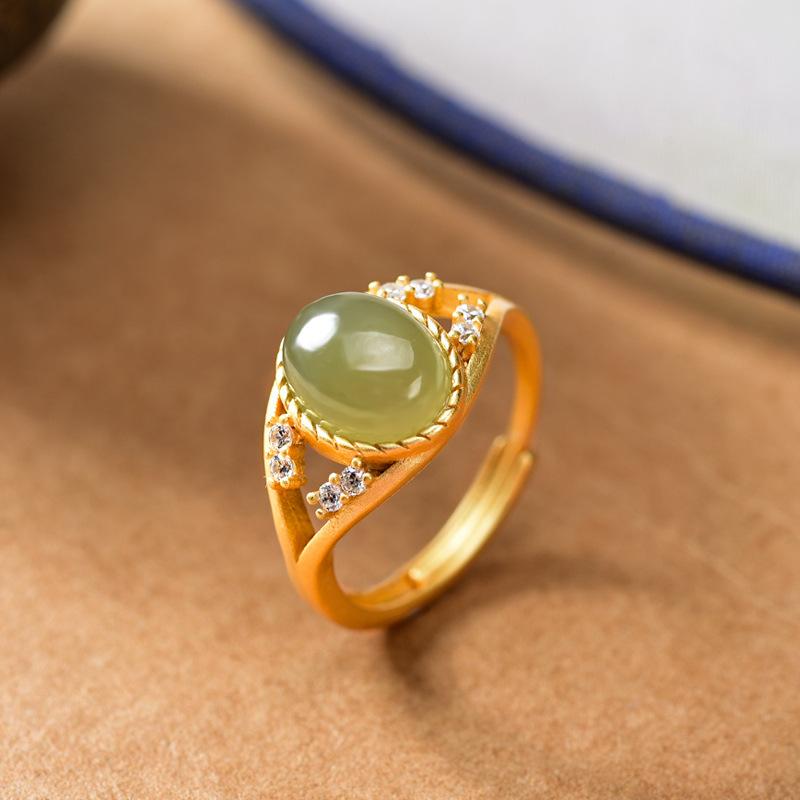 

Cluster Rings Silver Inlaid Natural Hetian Green Jade Ring Luxury Women Charm Opening Adjustable Fine Jewelry K0012, Golden;silver