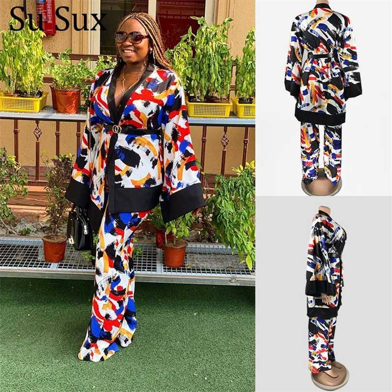 

Spring 2 Piece Set Casual Tracksuit Women Flare Sleeve Patchwork Long Top and Pants Suit Outfits Vestidos African 211106, As picture