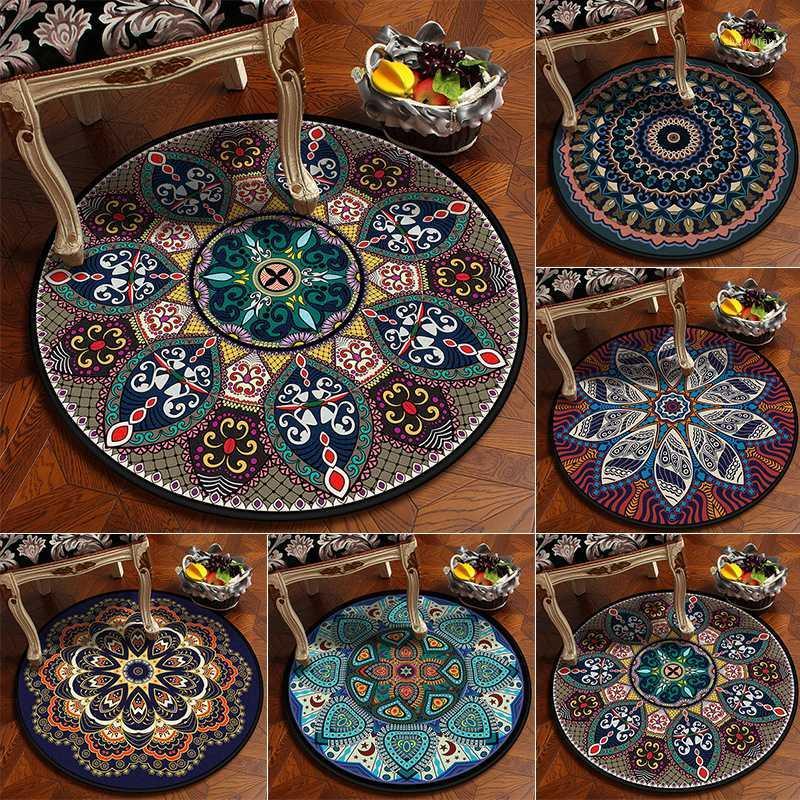 

Carpets Custom European Classical Vintage Ethnic Mandala Round Carpet Non-slip Balcony Coffee Table Hanging Basket Home Decoration Mat