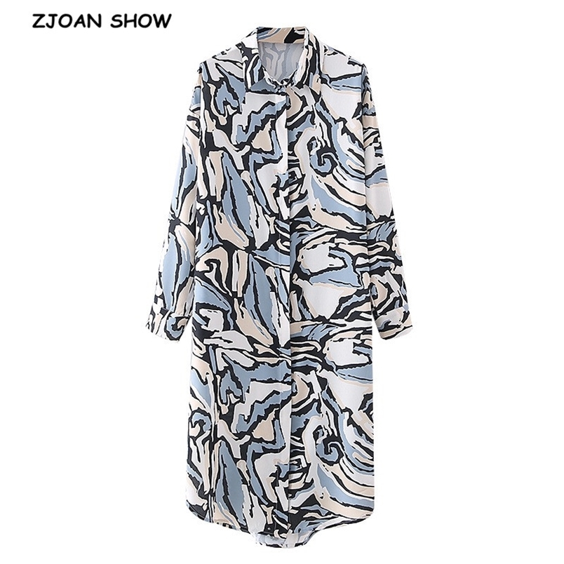 

Spring Summer Lapel Swirl Geometric Print Midi Shirt Dress Elegant Women Center Buttons Hem Asymmetry Vestido 210429, Multi