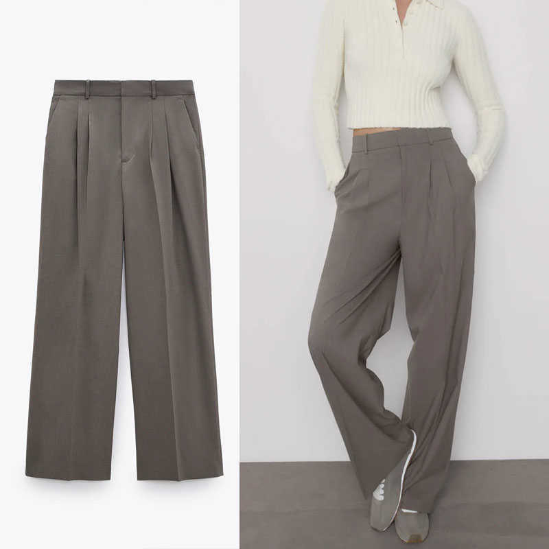 

Za High Waist Dad Pants Women Vintage Side Pockets Pleated Trousers Woman Fashion Front Button Zip Slim Spring Pants 210602, As picture