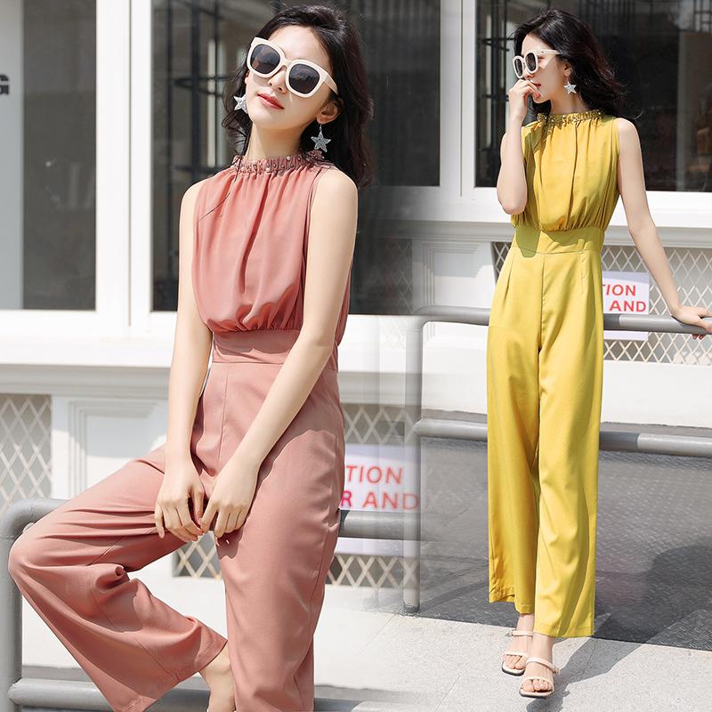 

Women' Jumpsuits & Rompers Summer Long 2021 Women Sleeveless Beaded O-neck Office Lady Solid Chiffon, Blue