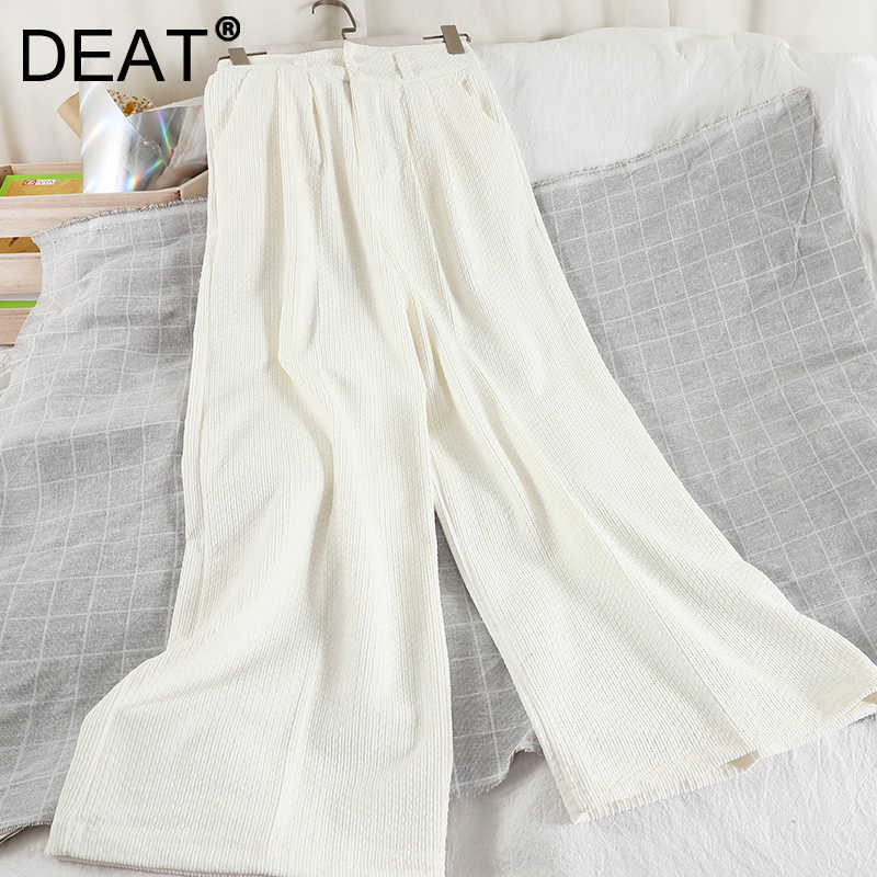 

DEAT Spring Winter Solid Color High Waist Straight Wide Leg Casual Corduroy Fashion Temperament Women Pants MZ976 210709, White