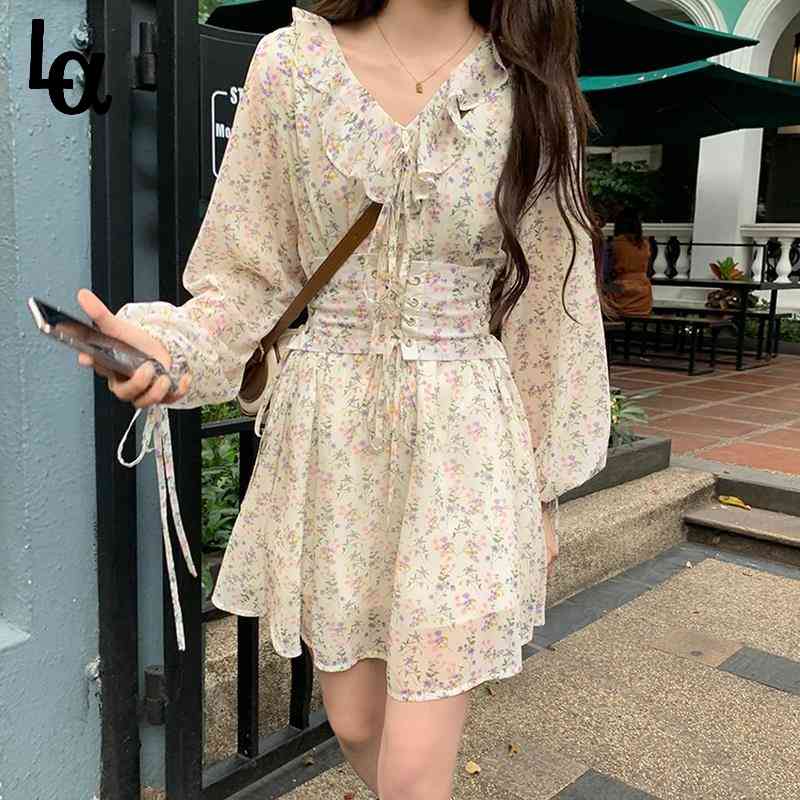

Sweet Floral Print Dress Women Cute Elegant Bandage Ruffles Fairy Casual High Street Beach Summer Korean 210519, Belt