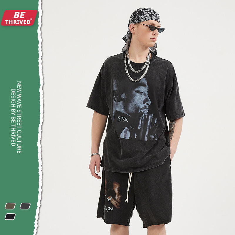 

be men's clothing - new rap in spring and summer 2021 2pac printed short sve high street vintage trendy t-shirt, White;black