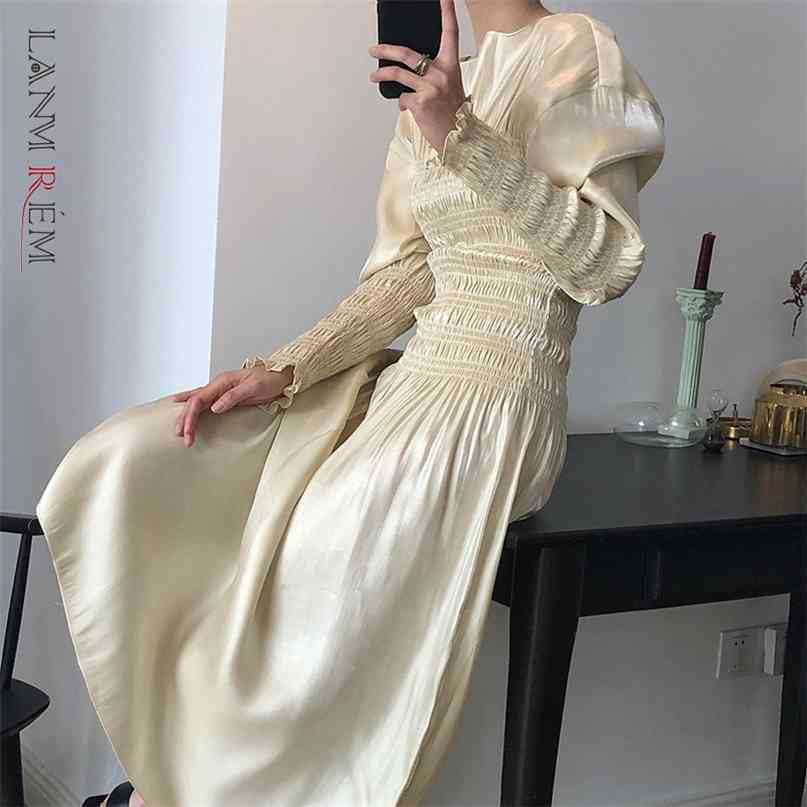 

Women Black Pleated Waist Dress Arrivals Round Neck Long Sleeve Loose Fit Fashion Spring Autumn 2E1506 210526