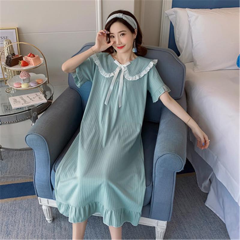 

Casual Dresses Nightgowns Sleepshirts Women Cotton Bow Lace Cute Simple Korean Style High Quality O-neck Short Sleeves Mid-calf Summer Loose, Black;gray