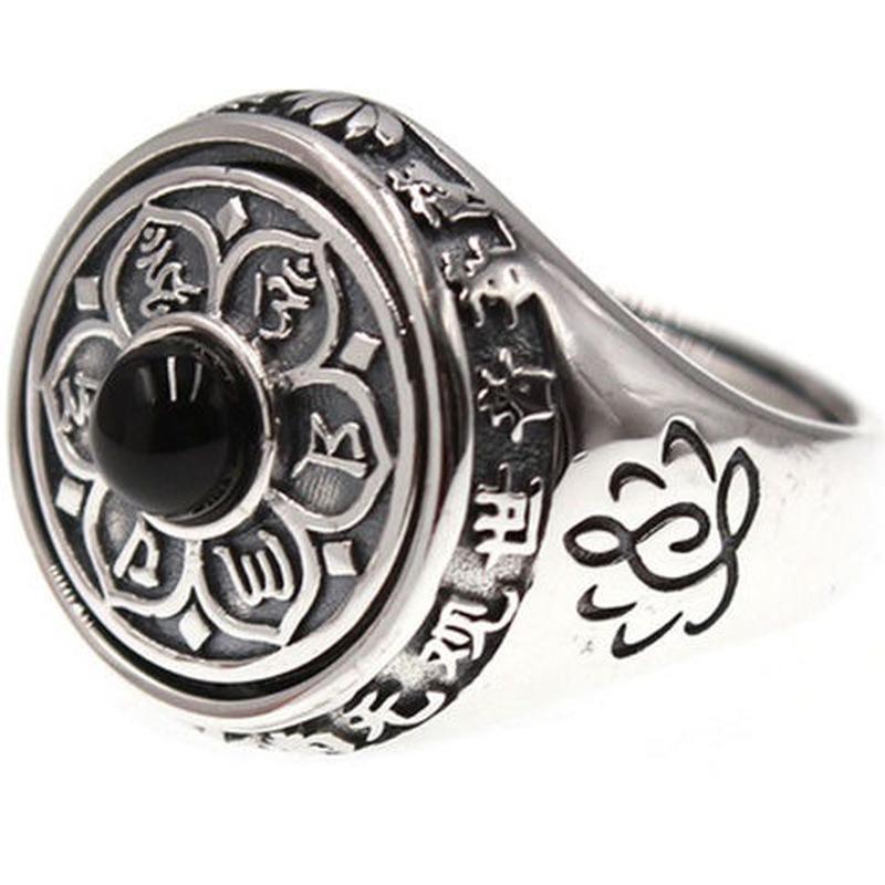 

Cluster Rings 2021 S925 Silver Retro Domineering Chinese Style Buddha Dao Black Chalcedony Opening Adjustable Men's Ring, Golden;silver