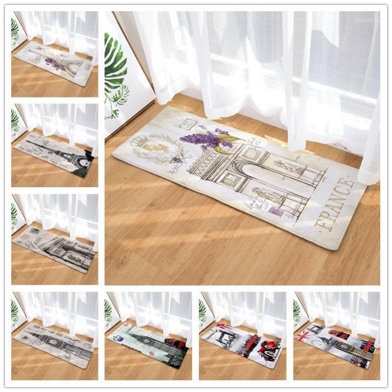 

Bath Mats Flannel Long Floor Mat Door Heat Transfer Printing World Building Kitchen Bathroom Water-Absorbing Non-Slip Carpet