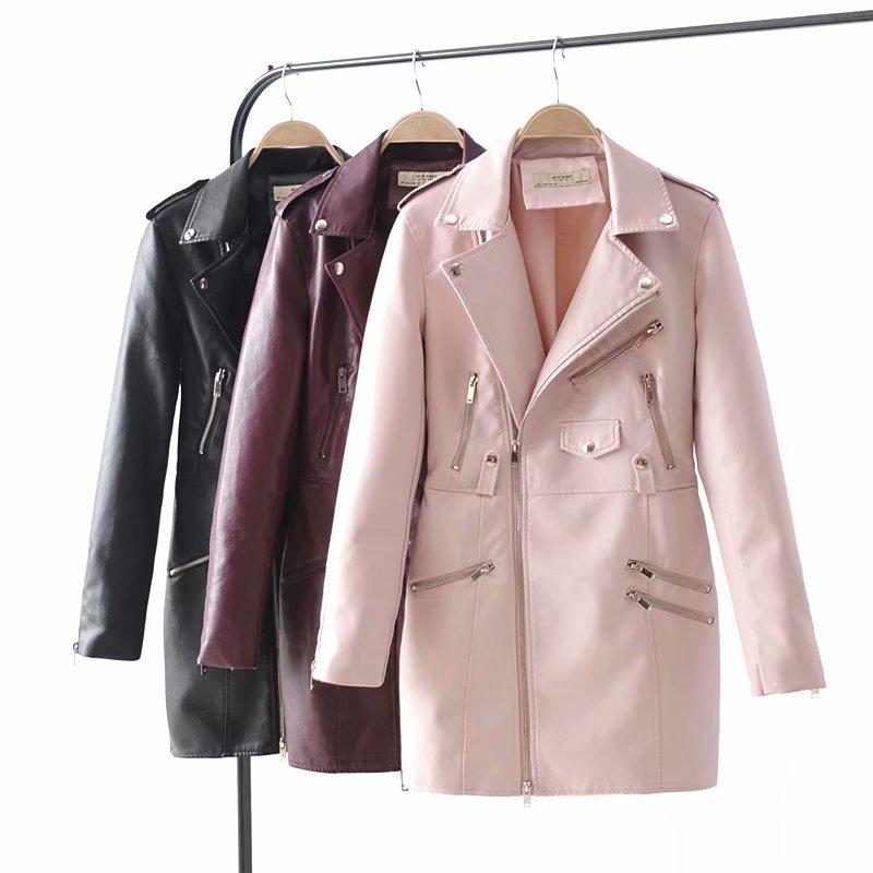 

Women' Leather & Faux Autumn Black PU Jacket Long Motorcycle Coat Female Streetwaer Zipper Punk Biker Outwear