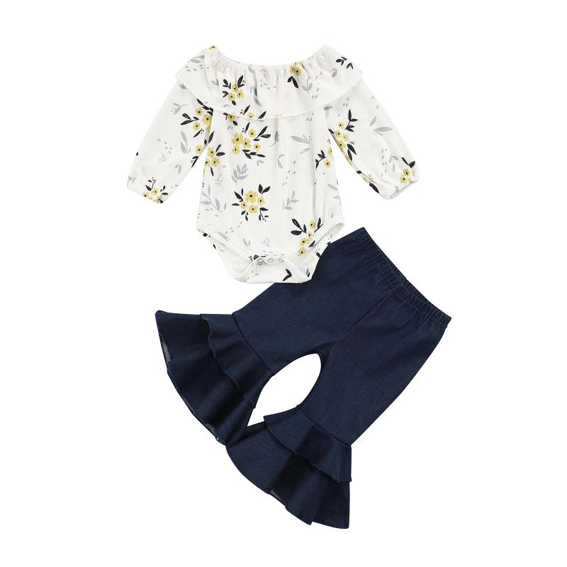 

Clothing Sets 0-18 Months 2 Pcs Born Casual Outfits, Baby Girls Flower Print Long Sleeve Boat Neck Ruffle Playsuit + Solid Flared Pants, As pic