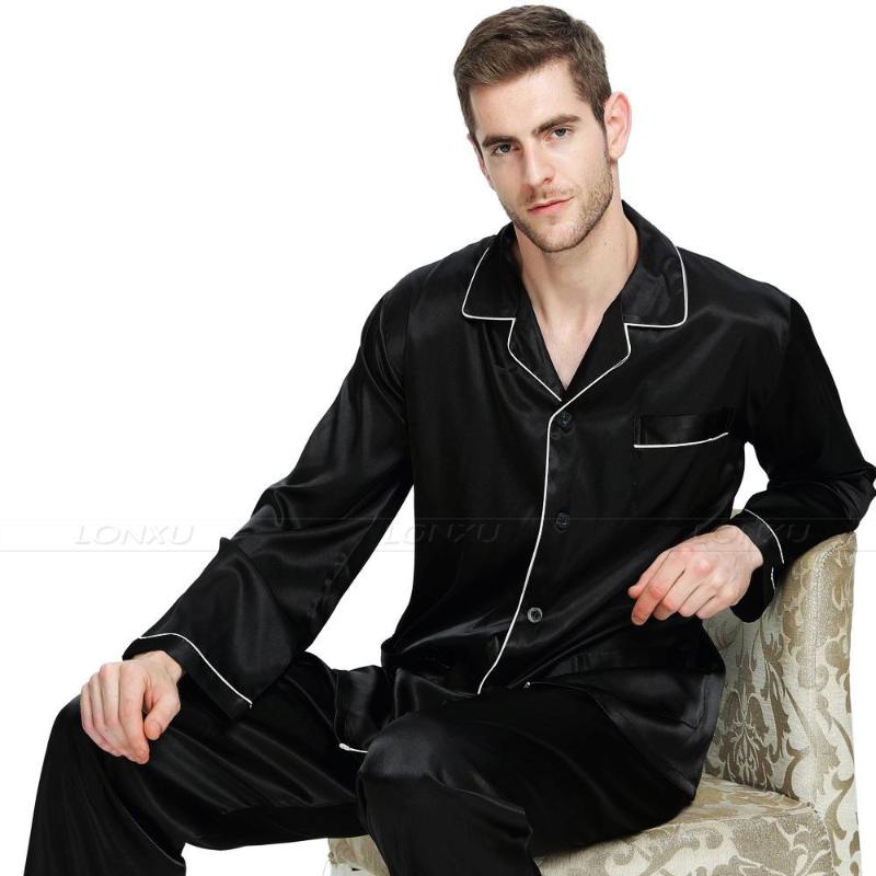 

Men' Sleepwear 2021 Latest European And American Silk Satin Pajamas Suit Casual Comfortable Clothing Spring Summer Long, Black
