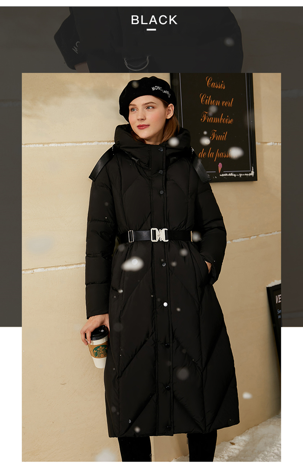 

Simple 90 white duck downs collar with hat women's 2021 large warm long coat high quality wholesale Oversized down jacket close waist, Black