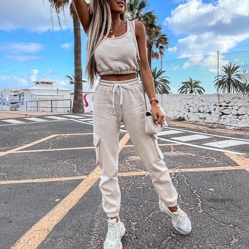 

casual solid tracksuit 2 pieces womenpant set slim crop and drawstring long matching summer sportwear stretch outwear, White