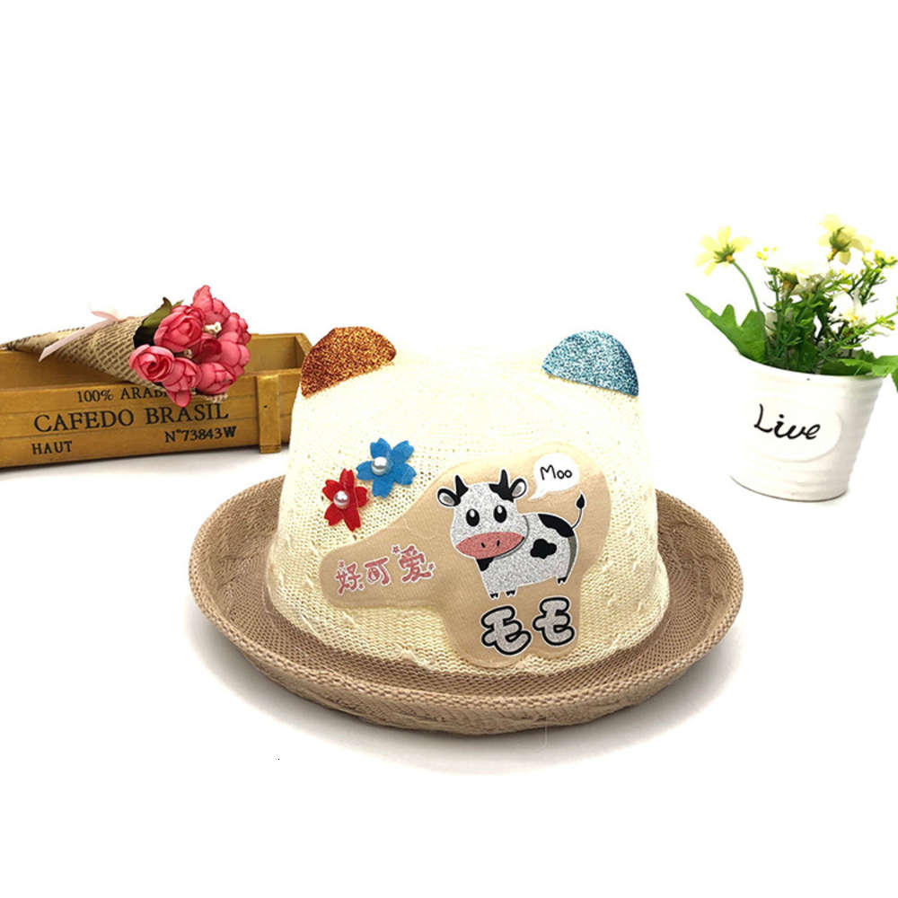 

Korean summer children's curled edge sun protection straw hat for boys and girls traveling fisherman's cartoon, Yellow