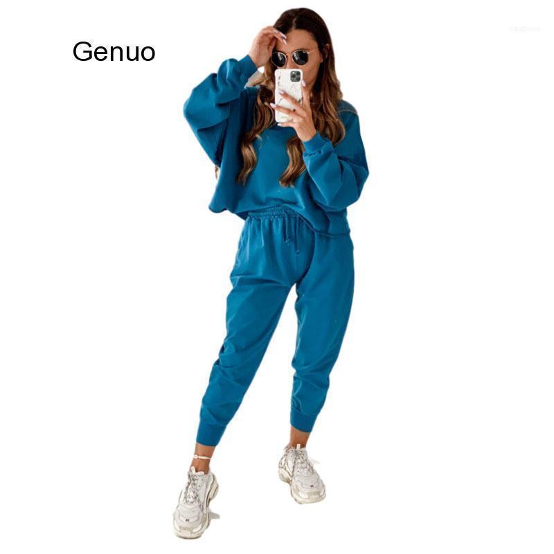 

Autumn Winter Casual 2 Piece Set Women 2021 Solid Color Loose Pants Long-Sleeve Sweater Two Outfits For 1, Gray